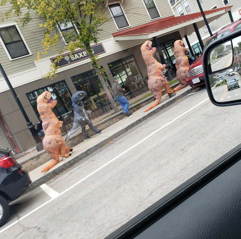 3 t-rexes and a raptor walking down the street... I love working in a college town