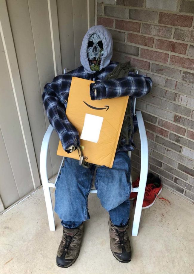 I woke up to an Amazon package being delivered and the delivery woman decided to have some fun with my Halloween decoration on my front porch