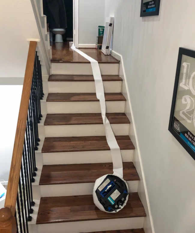 Roomba Suicide in my House last night. It somehow wrapped up its sensors in TP and headed off the edge