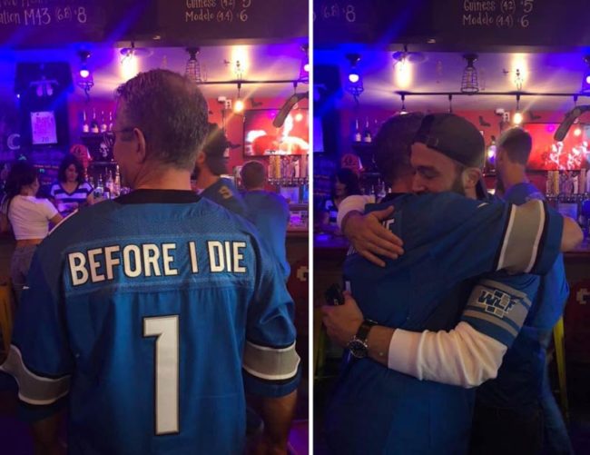 My dad's custom Lions jersey, he’s not sick or terminal or anything, he just really wants to see the Lions at the Super Bowl once before he dies. Randoms strangers take pictures and offer hugs of solidarity