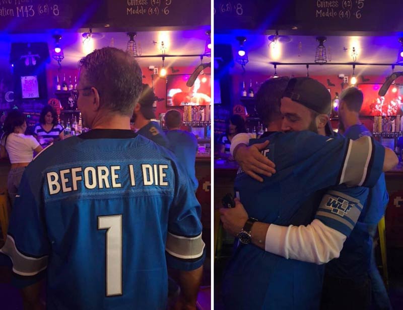 My dads custom Lions jersey, he’s not sick or terminal or anything, he just really wants to see the Lions at the Super Bowl once before he dies. Randoms strangers take pictures and offer hugs of solidarity