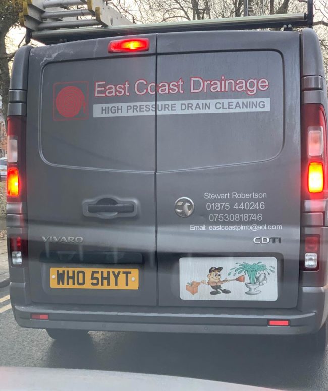 The registration plate for this drain cleaning company van...