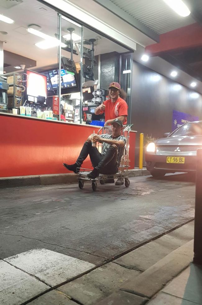 These two blokes came to the Maccas driv-thru on a Woolies trolley. And still managed to get served