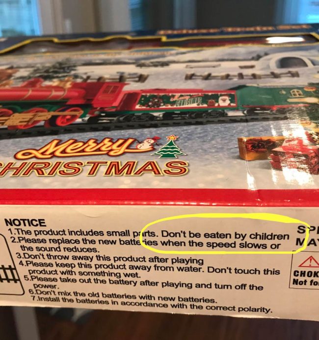 The warning on this toy train set