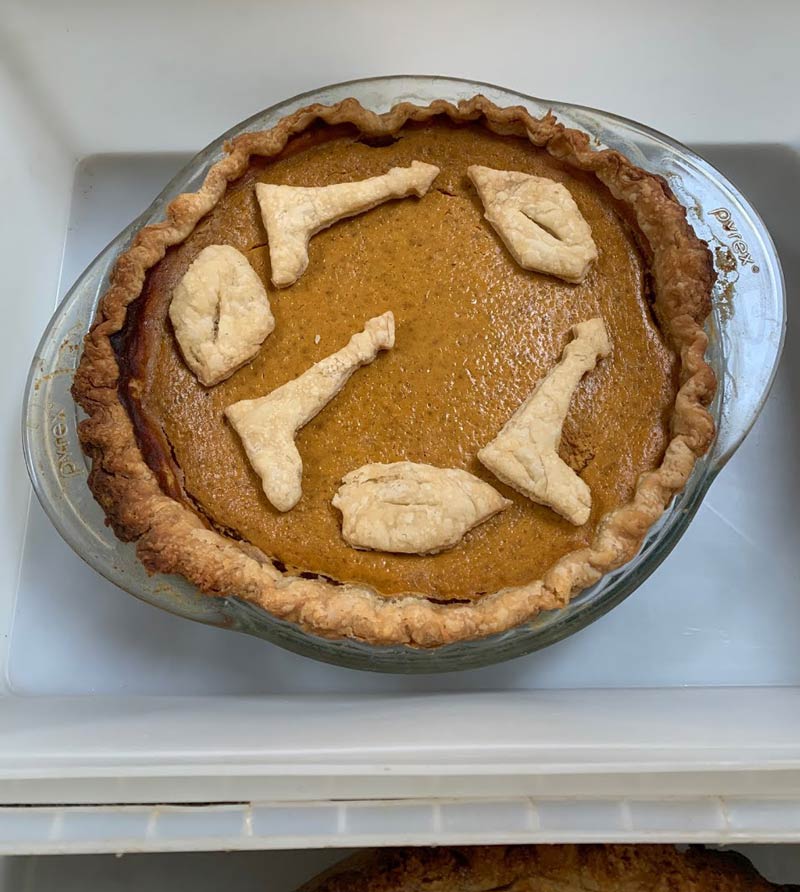My grandmother baked a pie. It's supposed to have lighthouses and leaves on it...