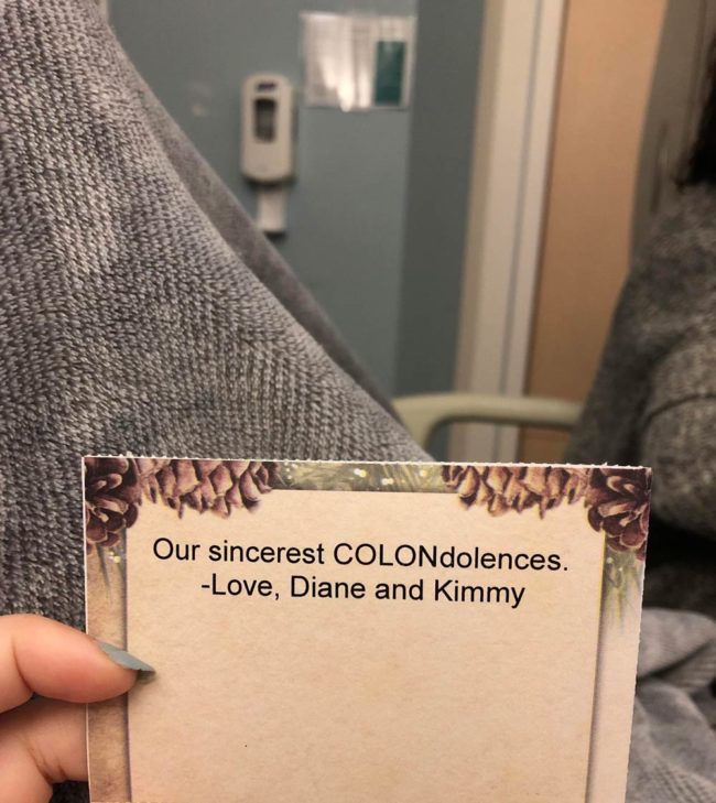 I’ve been in the hospital for the last week, as I've been diagnosed with ulcerative colitis. This was on the card that came with the flowers my sisters sent me