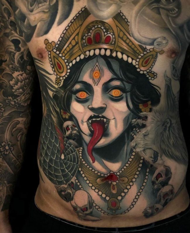 Kali Goddess Men's Stomach Tattoo