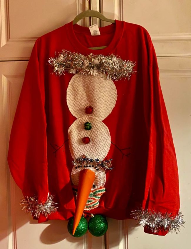 My step son needed an "Ugly Christmas Sweater" for a party tonight. Fingers crossed he likes it