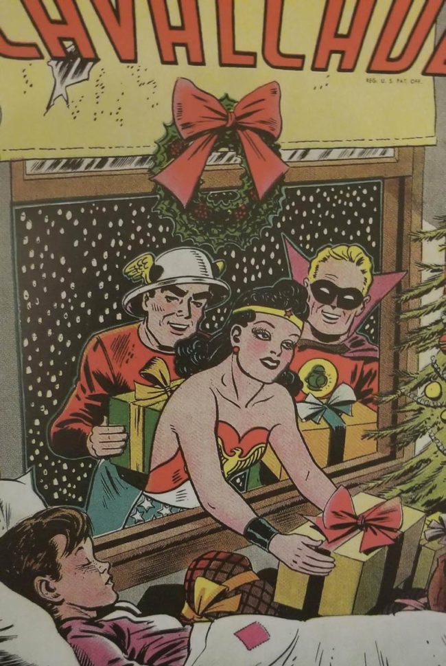 Is it just me or does Wonder Woman look like she is stoned and stealing presents from this kid (actual 1944 comic cover)
