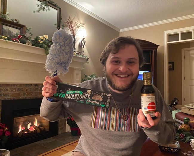 My grandma thought candy (the yearly stocking tradition) had gluten in it, so I got gluten free soy sauce, a duster and cauliflower pasta in my stocking