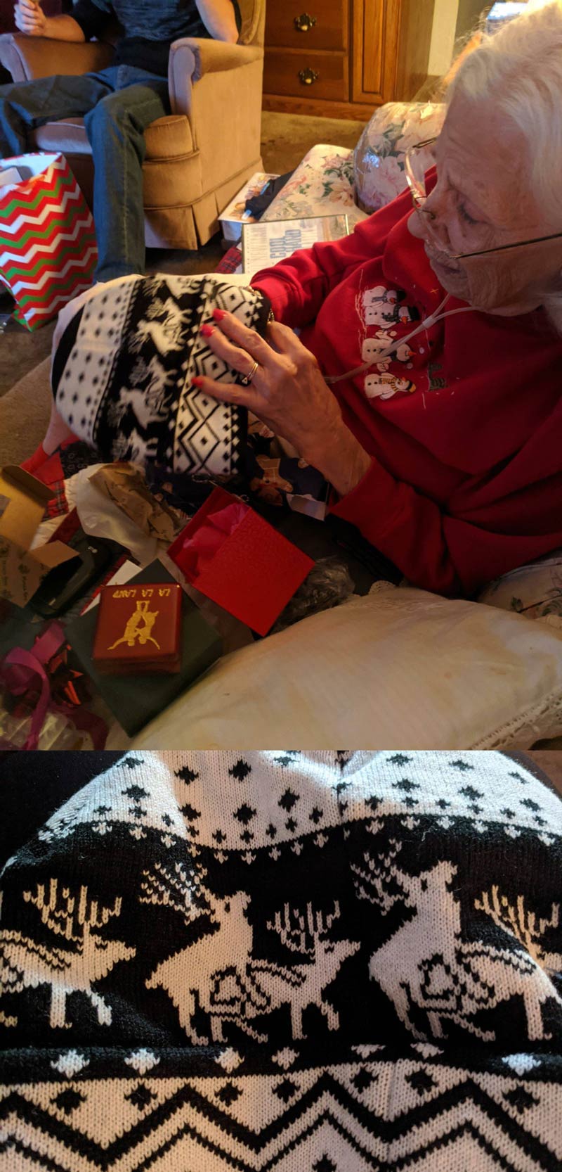 Grandma realizing the "cute little reindeer" on the beanie she gave me are "having a party"