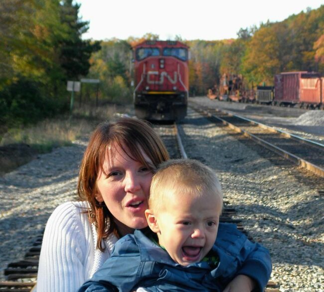 This was supposed to be a cute photo op of my wife and son at the train yard