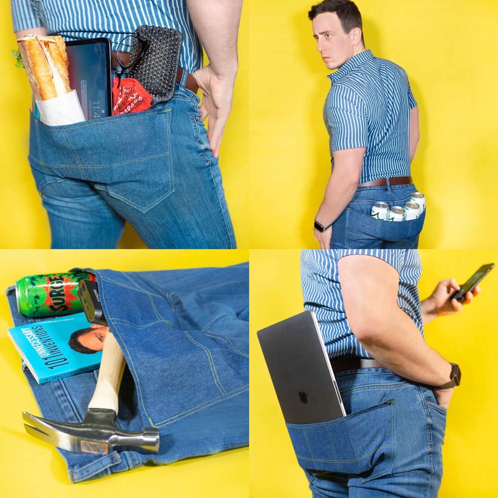 I design ridiculous product ideas for fun, so I designed a pair of jeans with one giant pocket across the butt for all your essentials