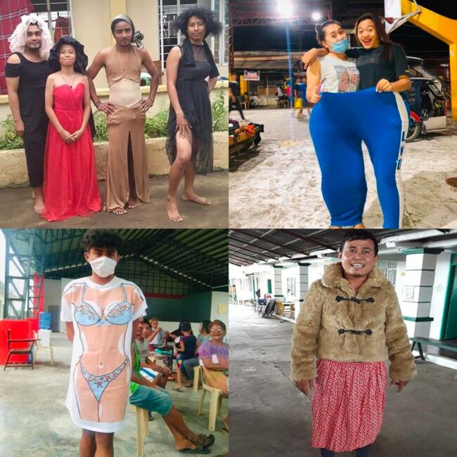 Filipinos at the Taal Volcano evacuation center, staying positive by trying on some of the clothes that have been donated to them