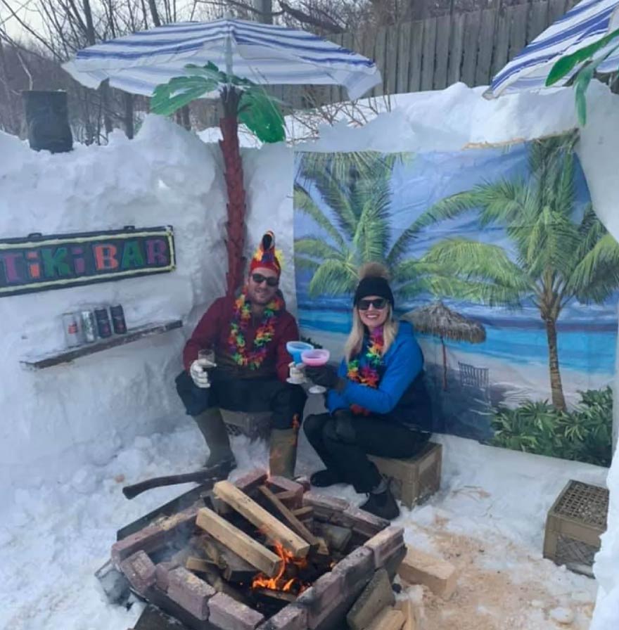Day 5 of state of emergency: 5 o'clock somewhere.. Tiki snow fort time! Just have to dig the firepit out..