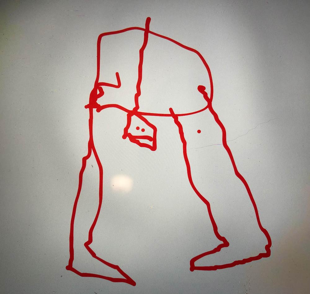 Apparently this is what my kid drew in kindergarten today. And yes, it’s a naked man looking between his legs and that is indeed his butt-crack