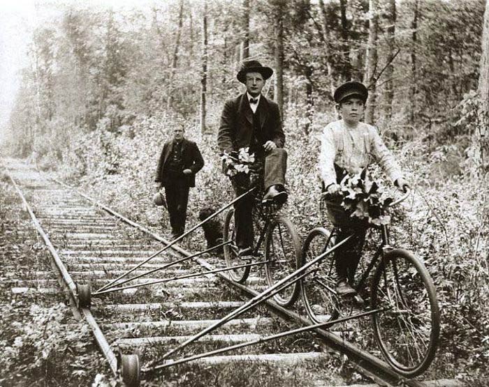 Bikes that ran on railroad tracks, 1910 in Pellston, Michigan