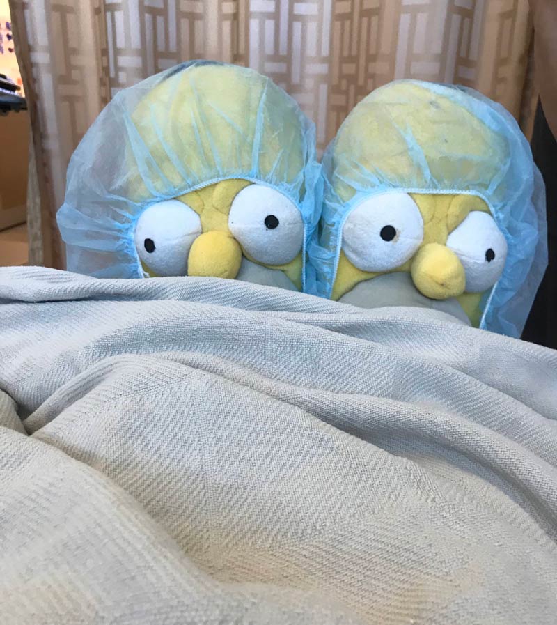 My wife wore her Homer slippers to the hospital for a minor procedure. She got special permission to bring them in operating room, but had to have net masks over them
