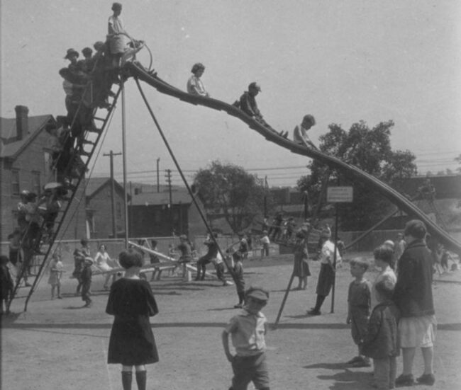 “Ok guys, the local elementary school called. They need a new playground slide installed.” “Should we go regular slide or precariously high and scary-as-fuck deathtrap?” “Well, I assume the kids want to have fun.”