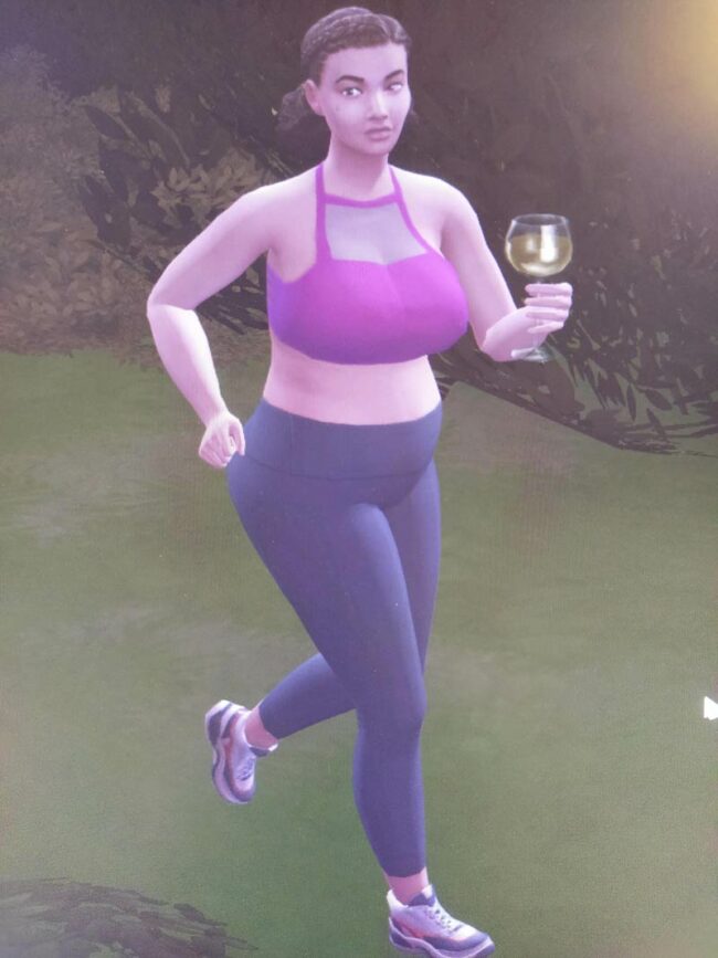 My sim, who just took her glass of wine with her on a jog. What a mood