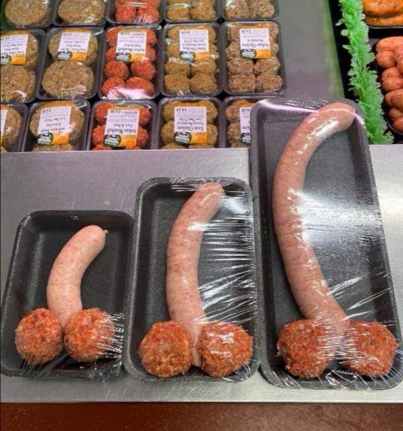 The butchers is selling some special meat, they come in three sizes: small, medium or liar