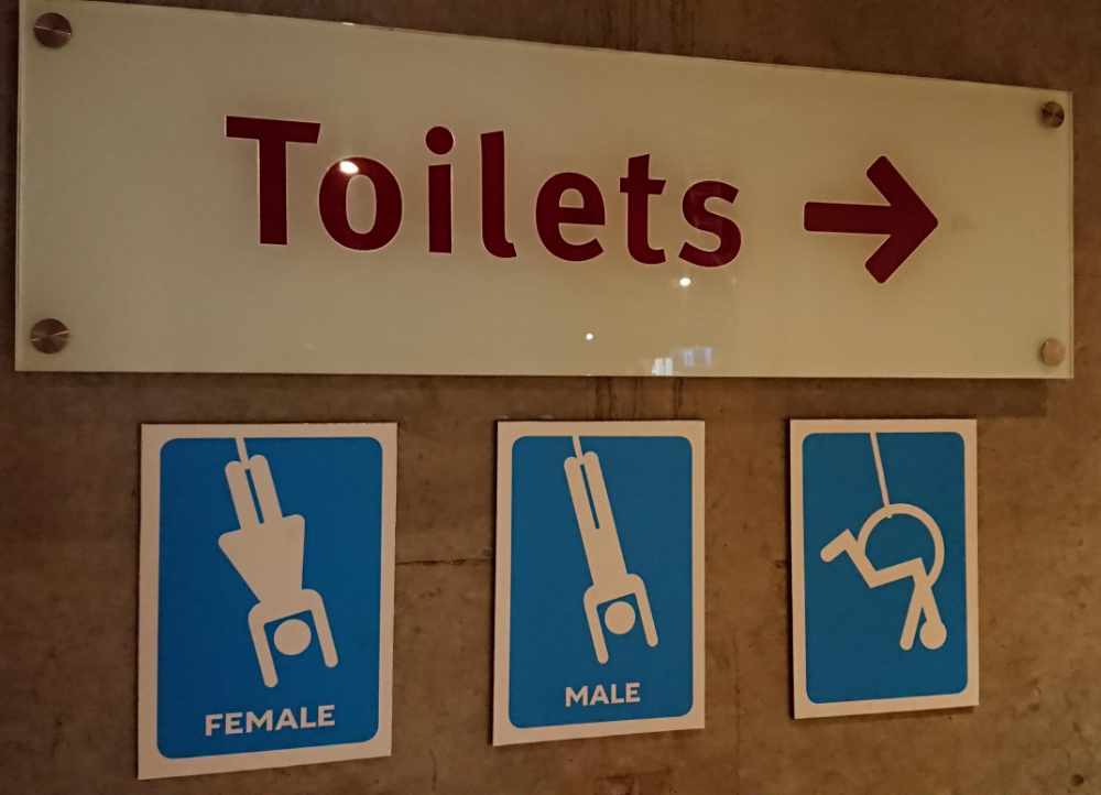 This toilet block sign at a bungee jumping spot