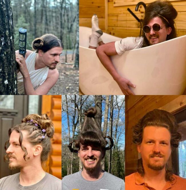 A hairstylist friend of mine is doing her boyfriend's hair each day they are quarantined! So far we have Leia, Amy Winehouse, 90's prom, Cindy Lou Who, and George Washington