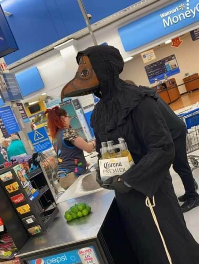 A stranger took a picture of me wearing the proper PPE for a trip to Walmart for just the essentials. It made the rounds on Facebook before one of my friends sent it to me..