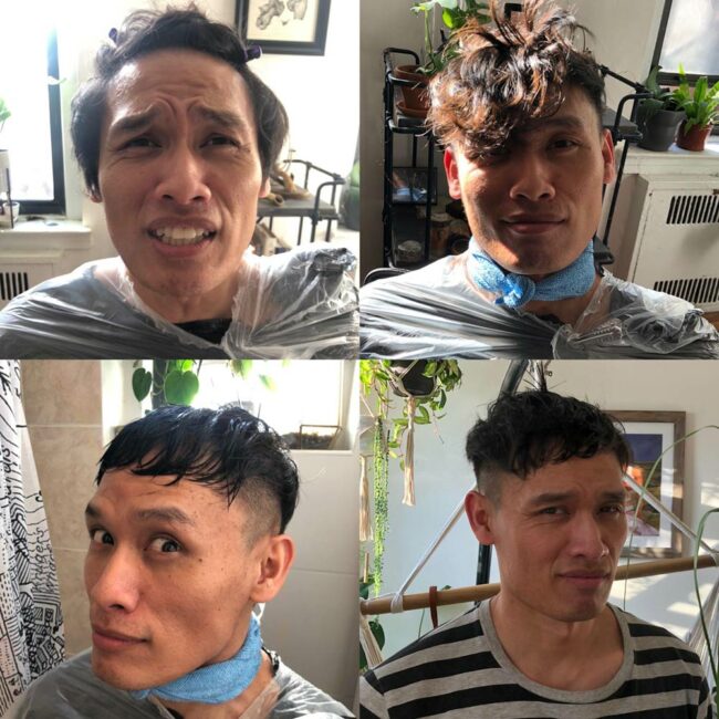 Today my partner learned that you shouldn’t put off a haircut until the apocalypse, when the only person left to do it (we’re in NYC) is your girlfriend, who has never even trimmed her own ends. He calls this look “Cambodian Garbage Hitler.”