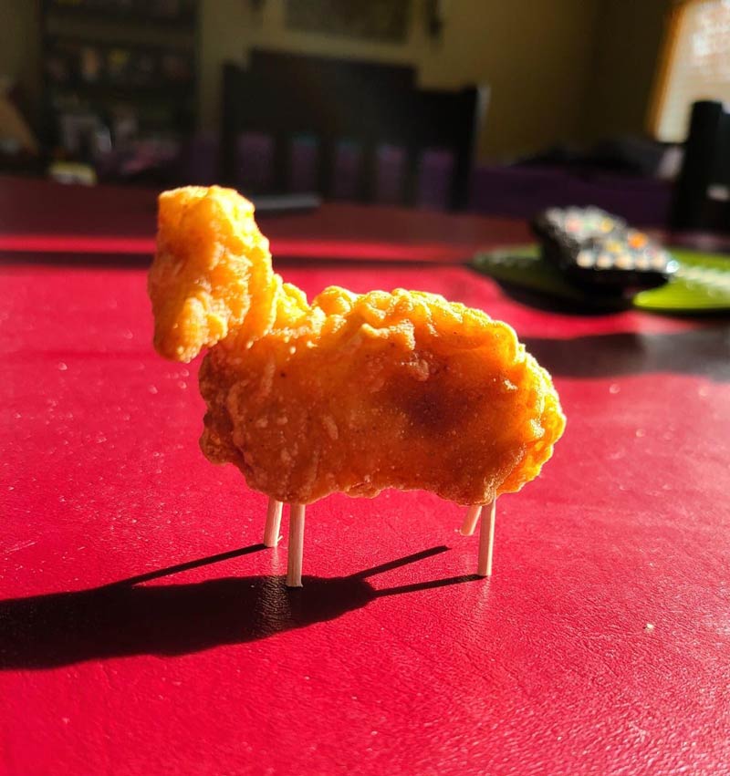 My friend thought her chicken nugget looked like a lamb, so she gave him toothpick legs