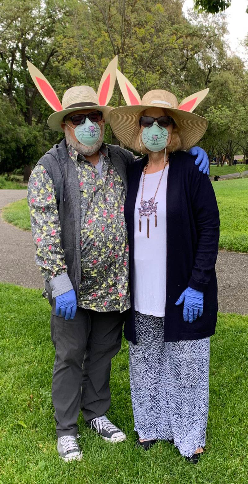 My parents really wanted to watch my son hunt for eggs. I told them they had to wear gloves & masks just to be safe. They showed up wearing this!