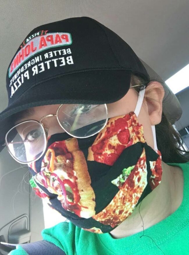 I'm a delivery driver. My manager's mom made pizza masks for all of us still delivering