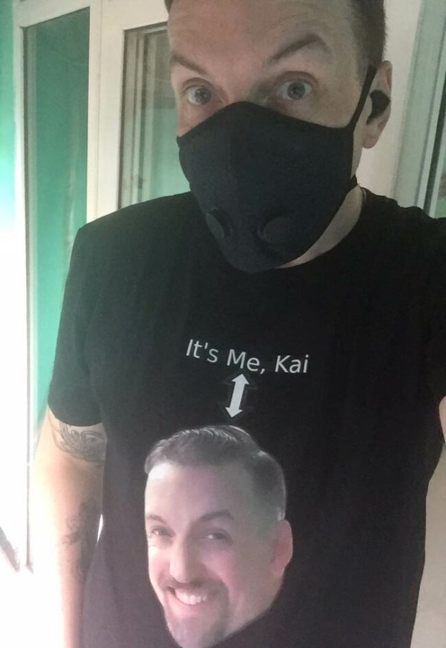 To avoid masked identity confusion my friend Kai made a helpful shirt