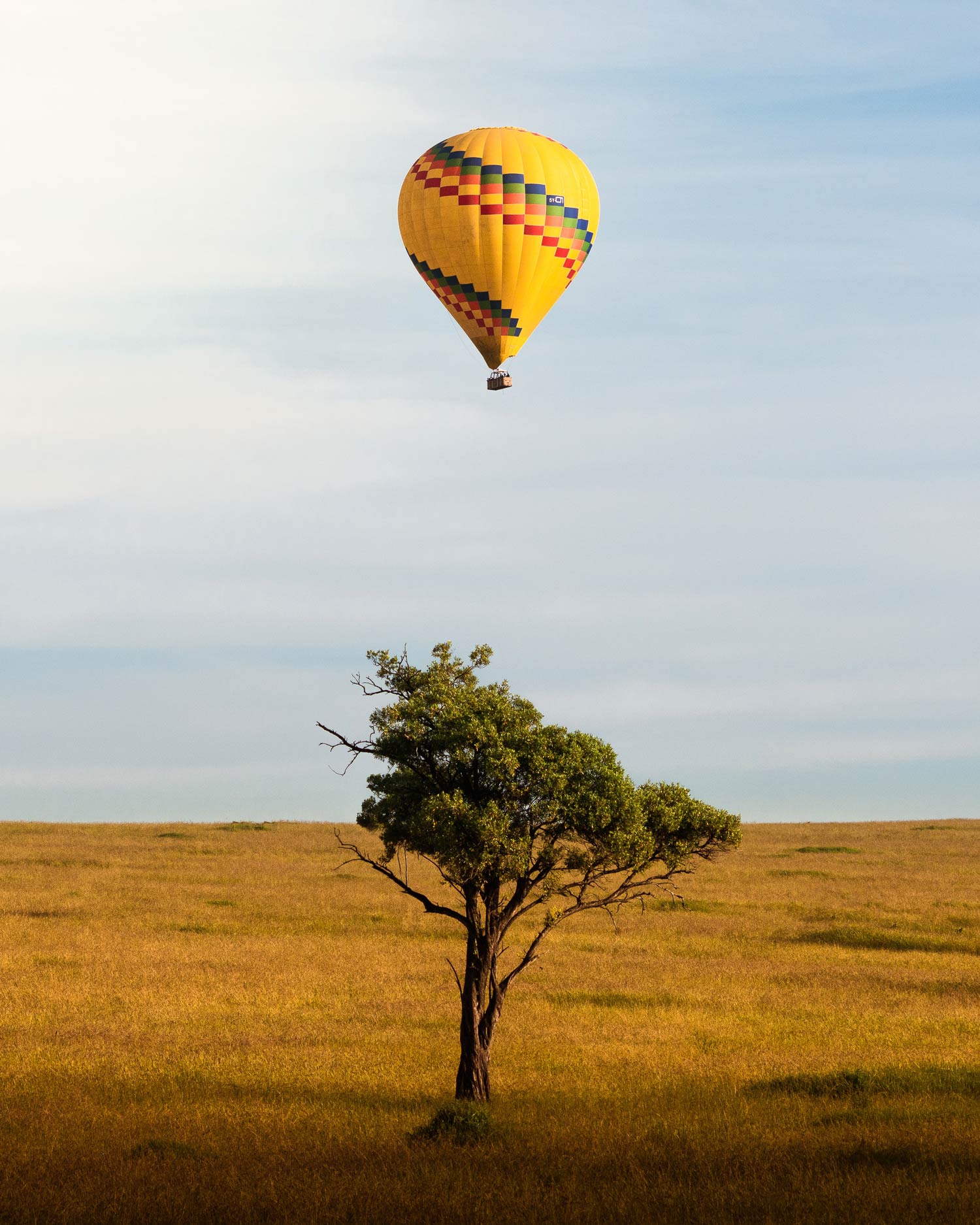 Hot air balloon floating over the Maasai Mara National Reserve, Kenya