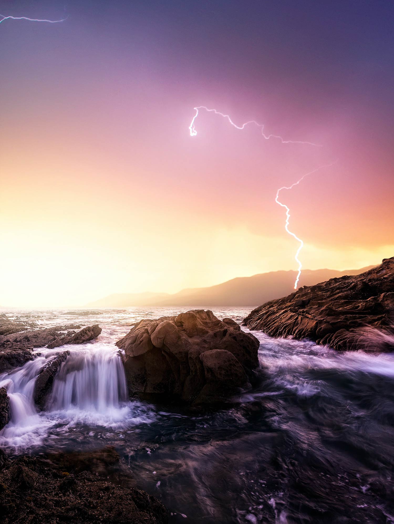 Lightning strike at Laguna Beach, California, United States