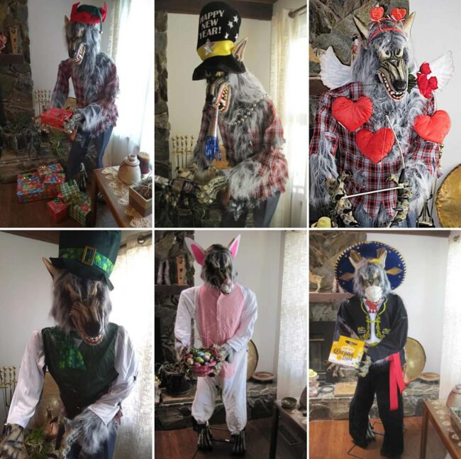 My dad had no place to store the werewolf he bought during Halloween, so now he leaves it out and dresses it up for each holiday. These are just a few so far this year. I thought his Cinco de Mayo costume was pretty spot on!