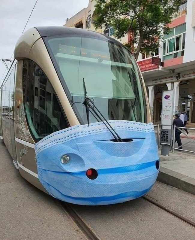 Trams are wearing face masks in Rabat, Morocco