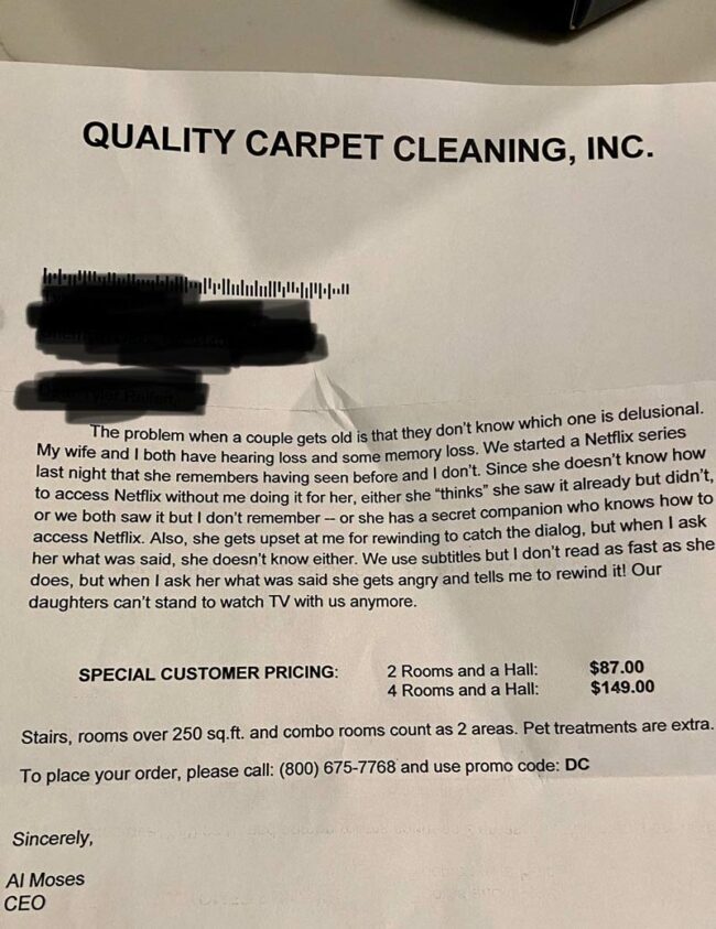 The carpet cleaners send an annual letter to its customers. This is the one I received today