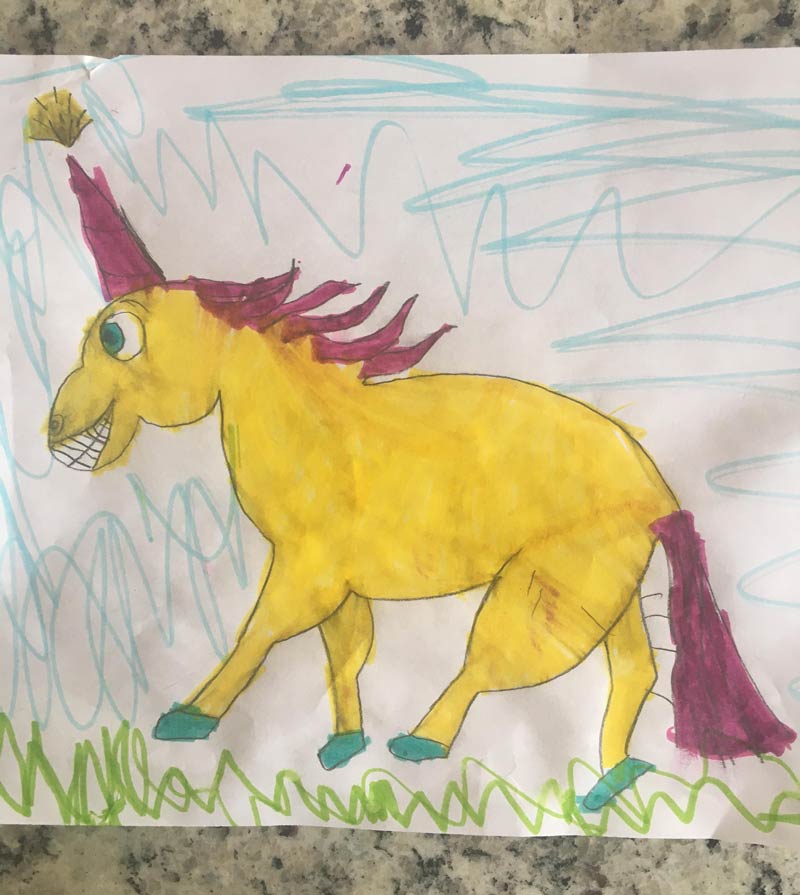 Yesterday my 6 yr old daughter asked me to draw her a unicorn, and with my lack of artistic ability, this is what I came up with. This morning she said it had "haunted her dreams!"