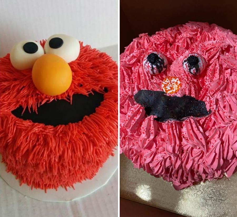 We ordered the cake on the left and received the cake on the right.. Elmo has seen better days