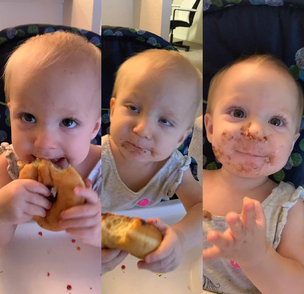 The progression of a baby eating their first donut