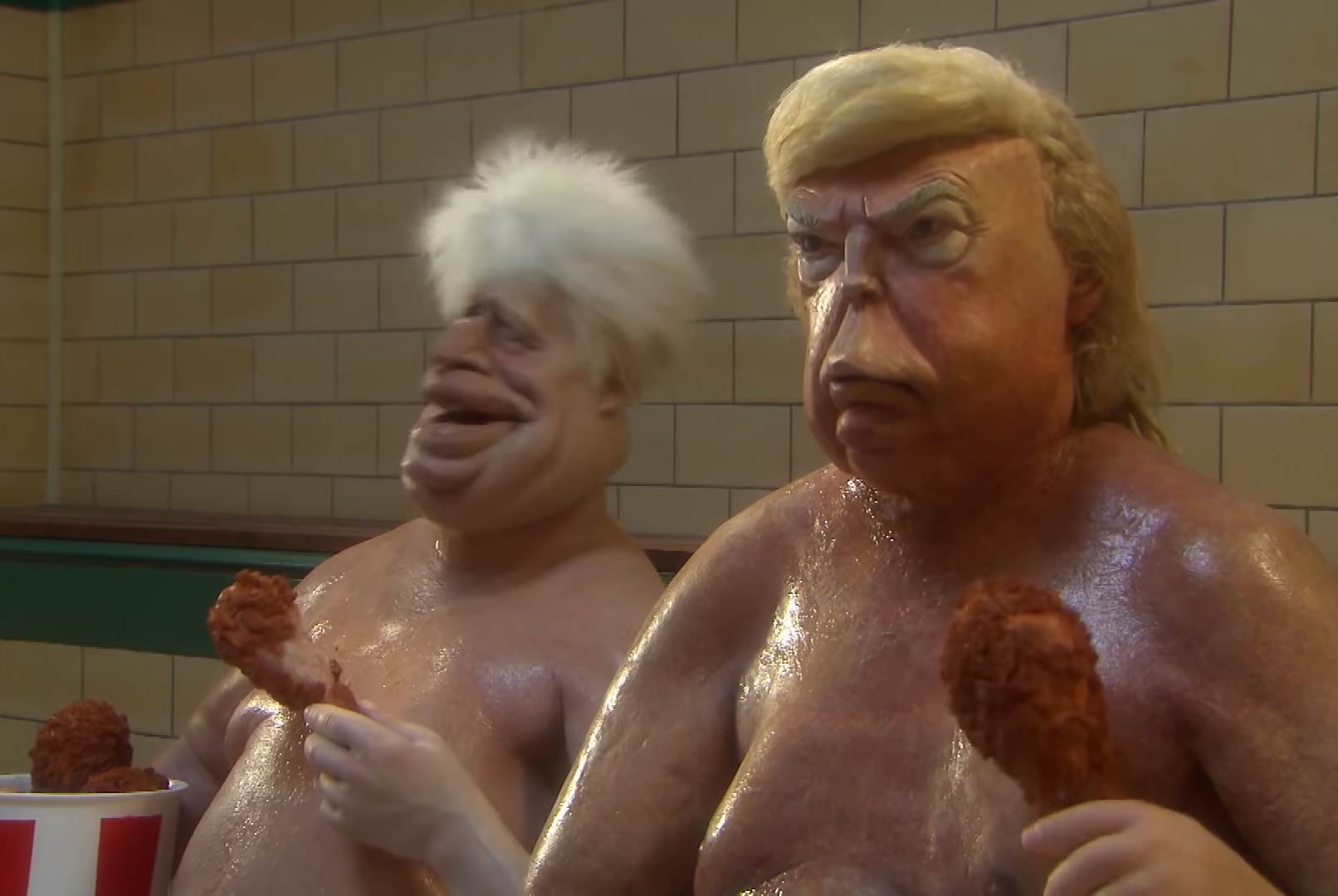 Boris Johnson & Donald Trump eating KFC in a sauna