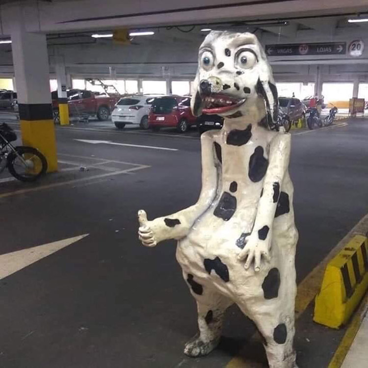 In my home town there's a pet shop who have this sculpture at the entrance. It's 20 years old and they paint every year with different 'dog breeds'. Last year the administration thought it was too ugly and asked to have it removed. The town fought back and the ugly dog is now back. I love it