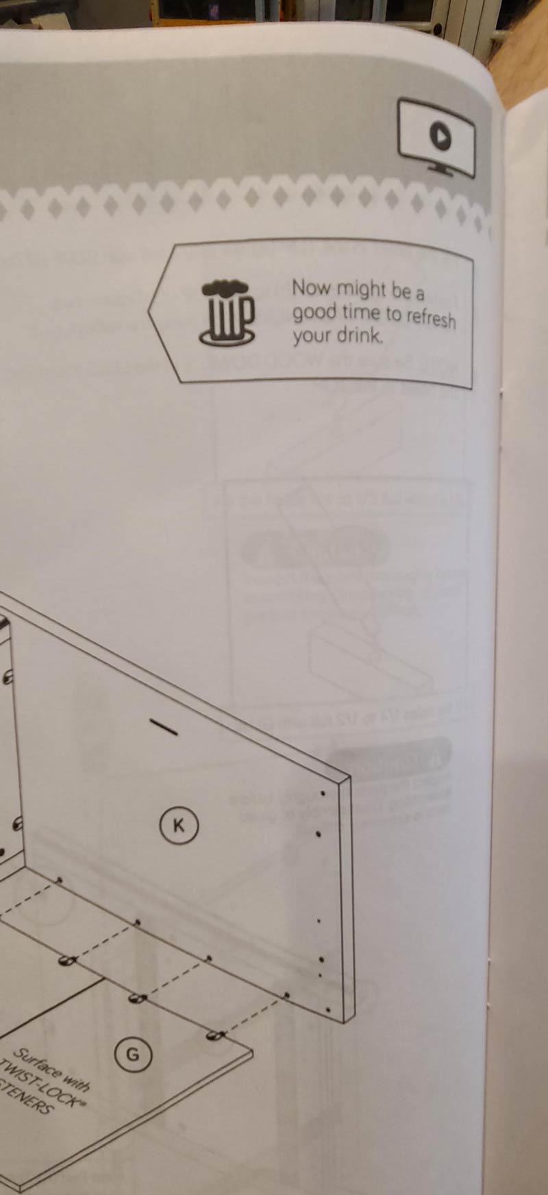 At about a quarter way through the instructions and they are already suggesting a booze break. I guess it does make it easier to get the peg in the hole