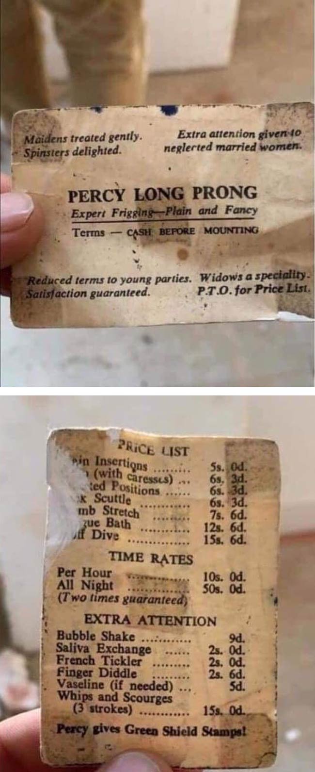 Business card for a 'Percy Long Prong' found underneath floorboards of a house