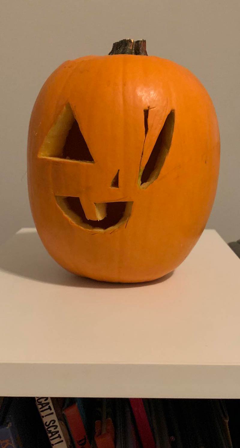 I told my daughter I’d carve it if she drew it. I drew the left eye for her reference