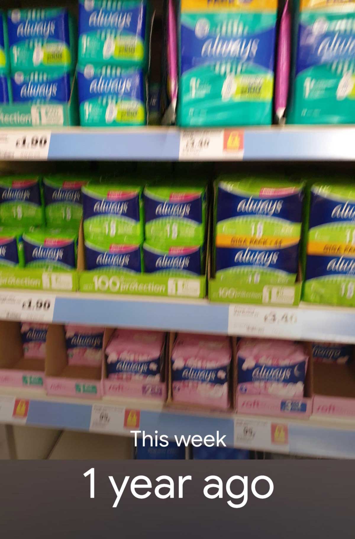 My phone sent me a one year anniversary reminder of the time I sent my wife a picture of the sanitary products, as I couldn't remember which one to buy