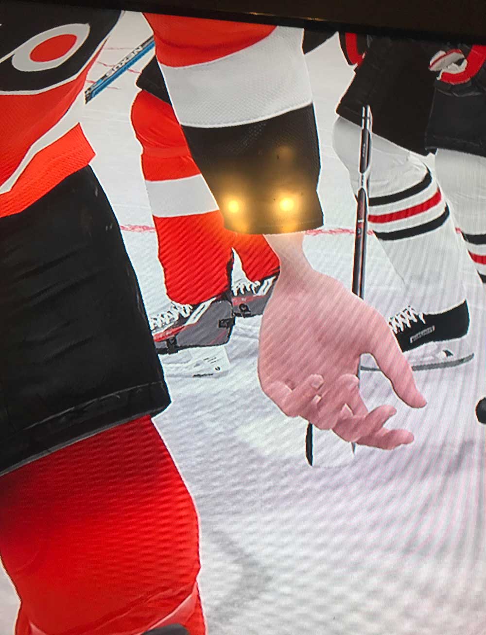 I was playing NHL 19 and a player on the opposing team dropped his gloves. This was his wrist