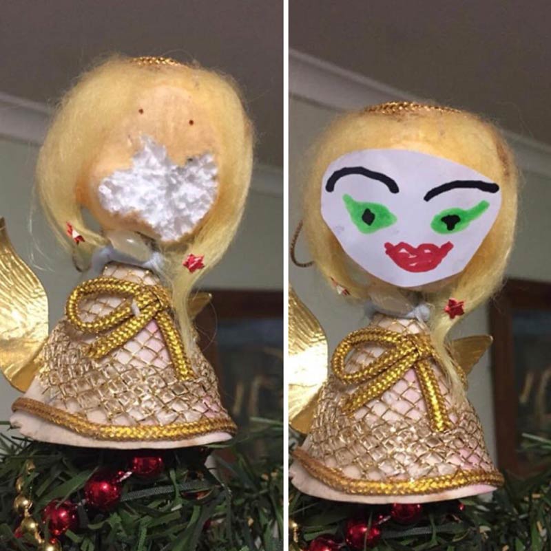 A mouse ate the face of my mum's Christmas Angel. She "fixed it"