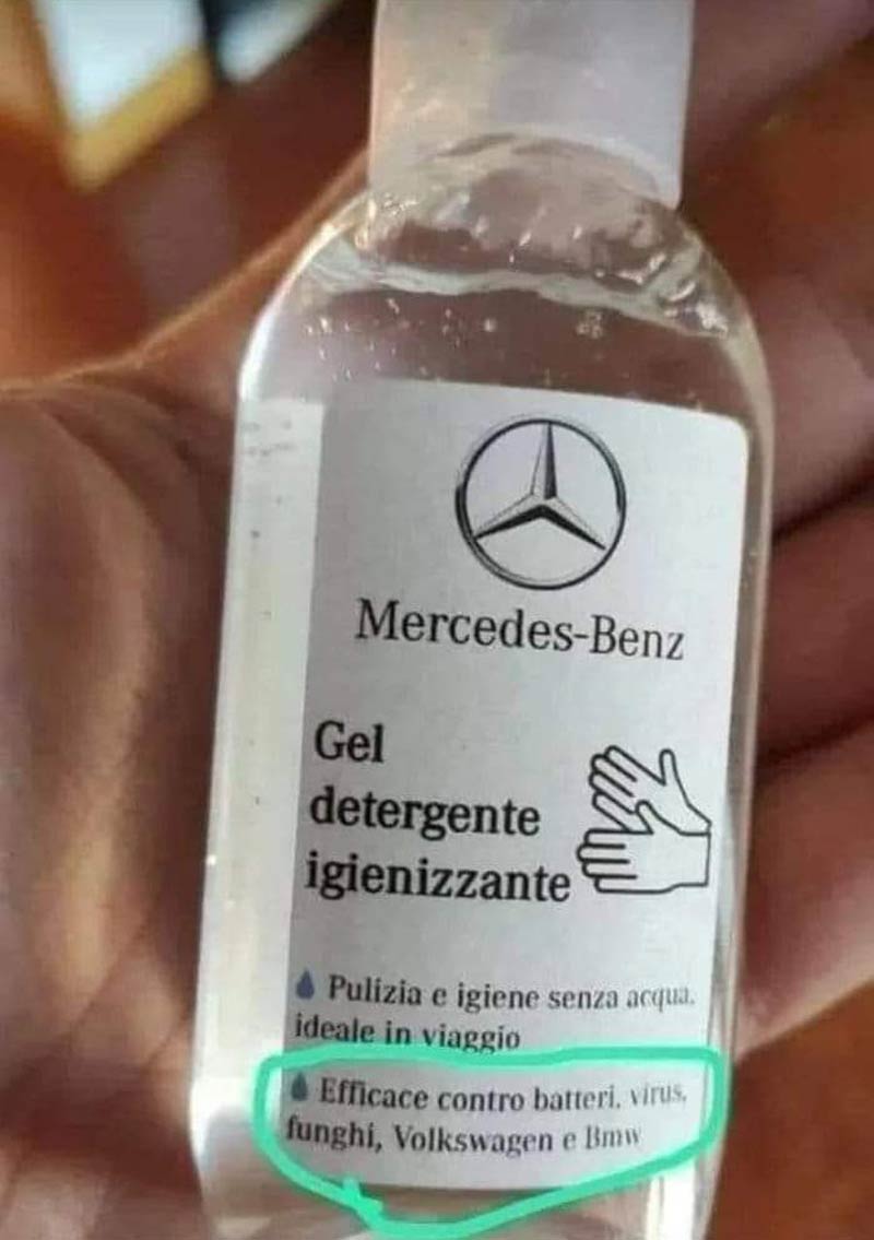 Mercedes-Benz hand sanitizer "Effective against bacteria, viruses, fungi, Volkswagen, BMW"